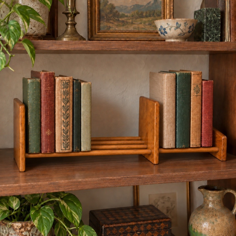 Vintage Oak Sliding Book Holder, MCM Adjustable Shelf Book Rack, Retro Decor